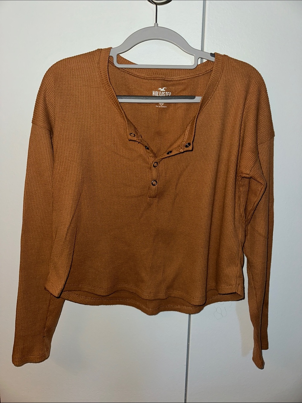 Hollister Women's Burnt Orange Waffle Henley Long Sleeve Top
